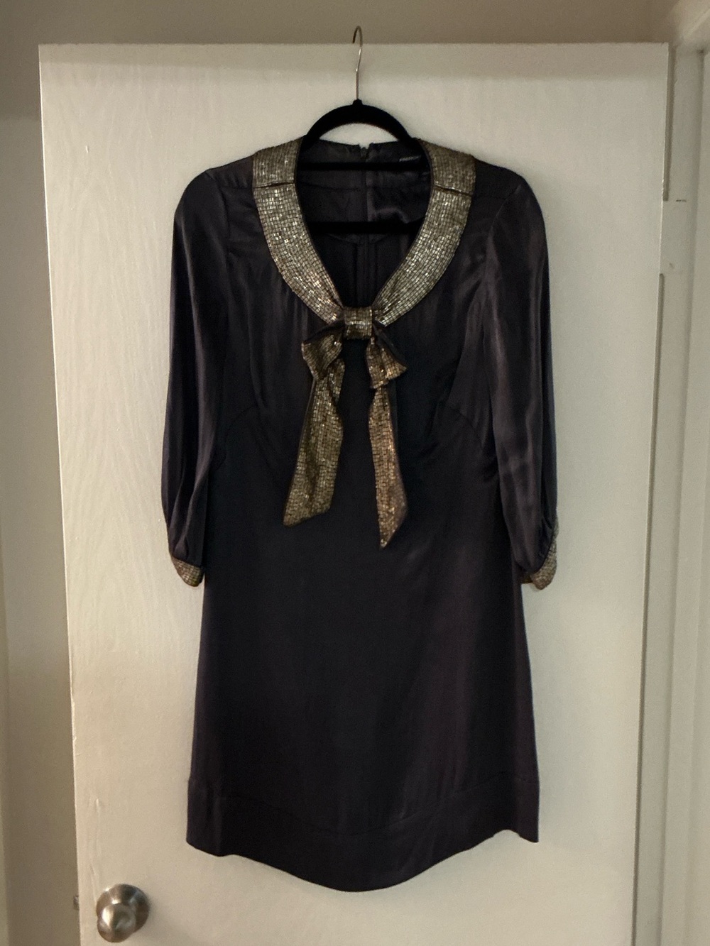French Connection Navy Satin Mini Dress with Gold Tie Neck